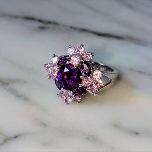 Stunning 925 Amethyst Ring 💍 w/ Pink Stone Floral Accents 🪷🌸 Size 7